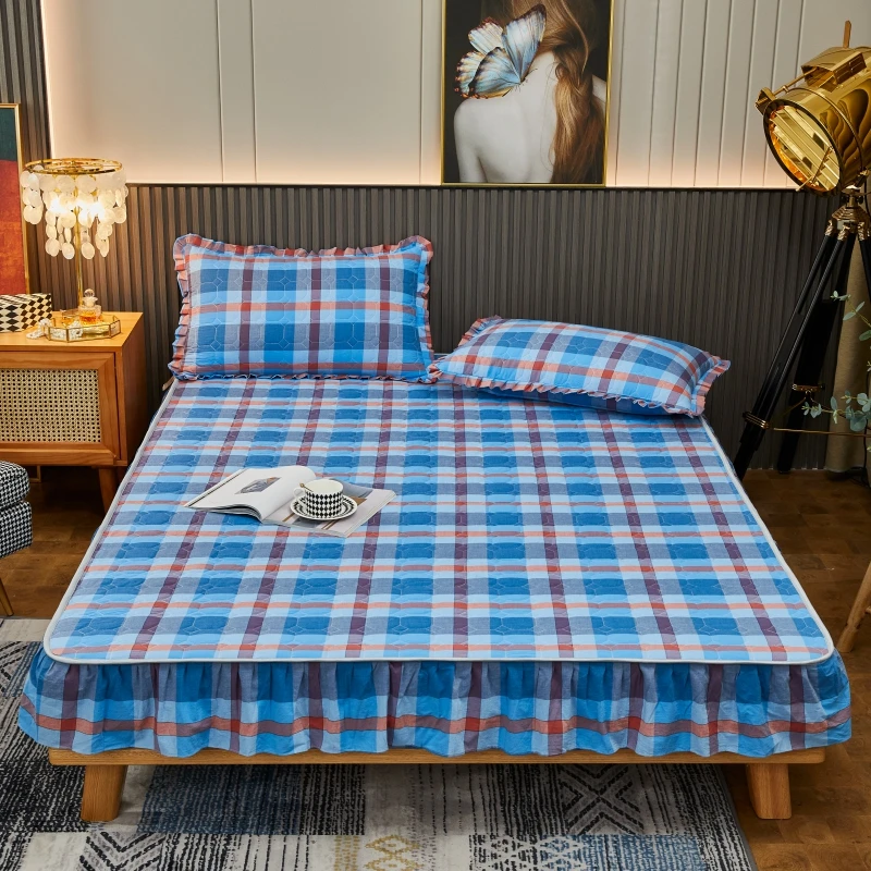 Plaid Thick Quilted Mattress Cover Bed Fitted Sheet Home Textile Bedspread with Ruffles Full Queen King Size Bedding | Дом и сад
