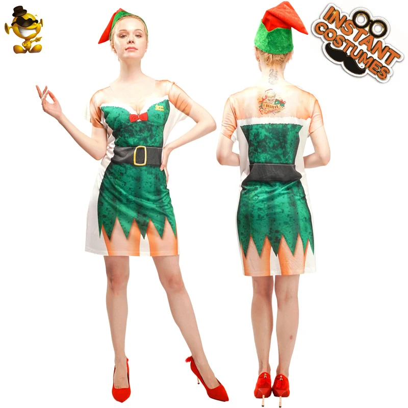 

Рождественские женские костюмы Санта Клауса косплей взрослый эльф наряды для вечеривечерние ролевые игры Санта Клаус 3D футболка одежда дл...