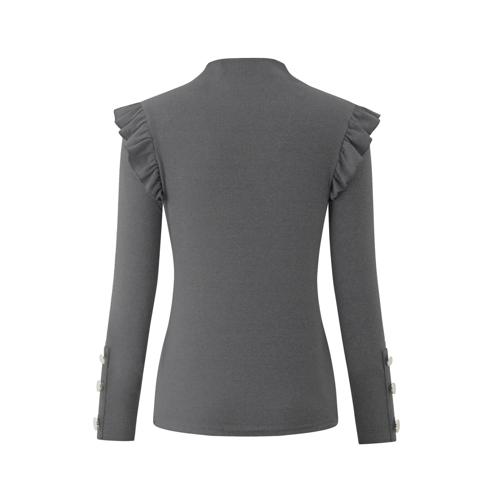 

Autumn Winter Women Long Sleeve Knitwear Rib Ruffle Buttons Blouse Basic T-shirt