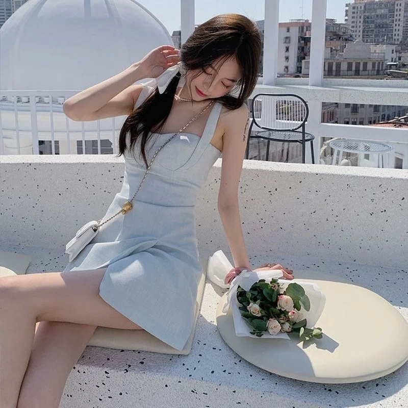 

French Sweet Dress Women Straps Solid Casual High Waist Sexy Mini Dress Office Lady Evening Party 2021 Summer Dress Kroea Style