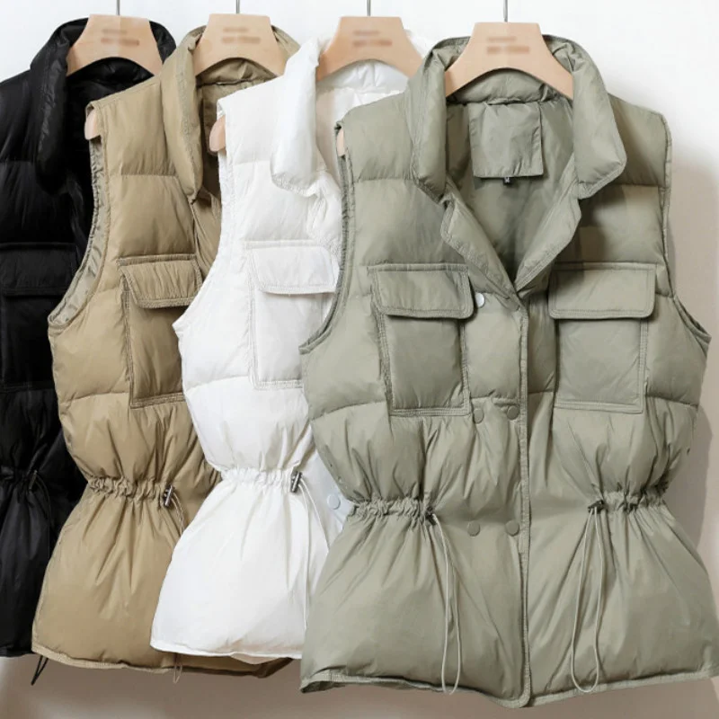 

2022 Winter Women Vest Cotton Sleeveless Jacket Vest Waistcoat Warm Solid Vests Slim Pockets Women's White Duck Down Vests
