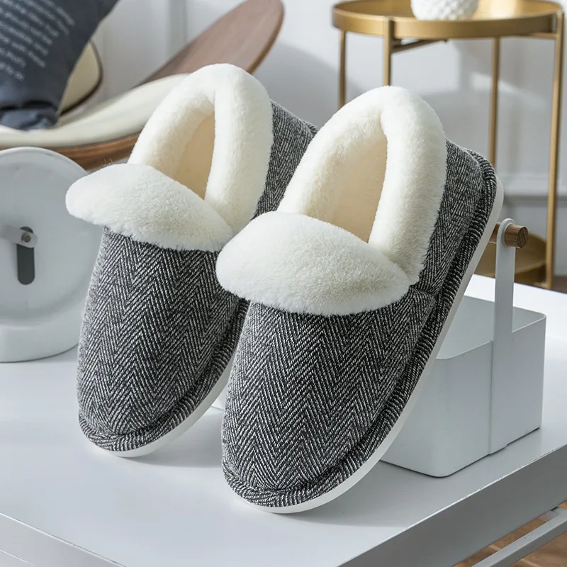 

Men's Shoes Autumn and Winter New Indoor Home Furry Slipper Striped Non-Slip Warm Plush Slipper Cotton Soft House Slippers Men