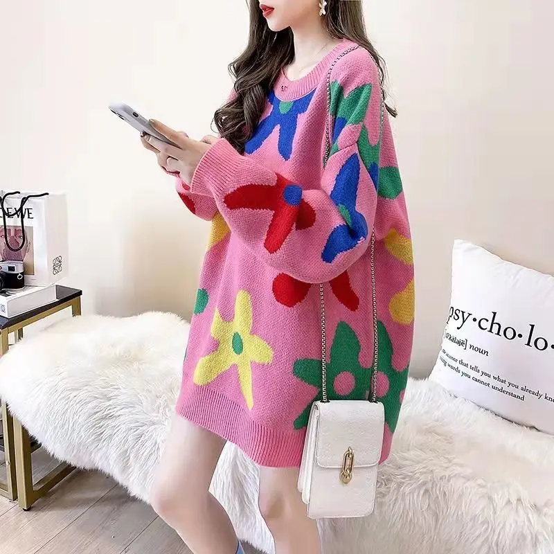 

Женский свитер с круглым вырезом DAYIFUN, вязаный винтажный пуловер большого размера с цветочным принтом в Корейском стиле