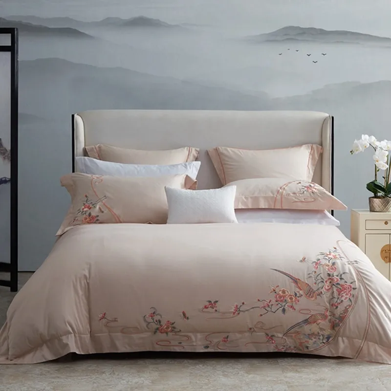

Chinoiserie Chic Embroidery Birds Floral Duvet Cover set Luxury 1000TC Egyptian Cotton Bedding set Comforter Cover Bed Sheet set