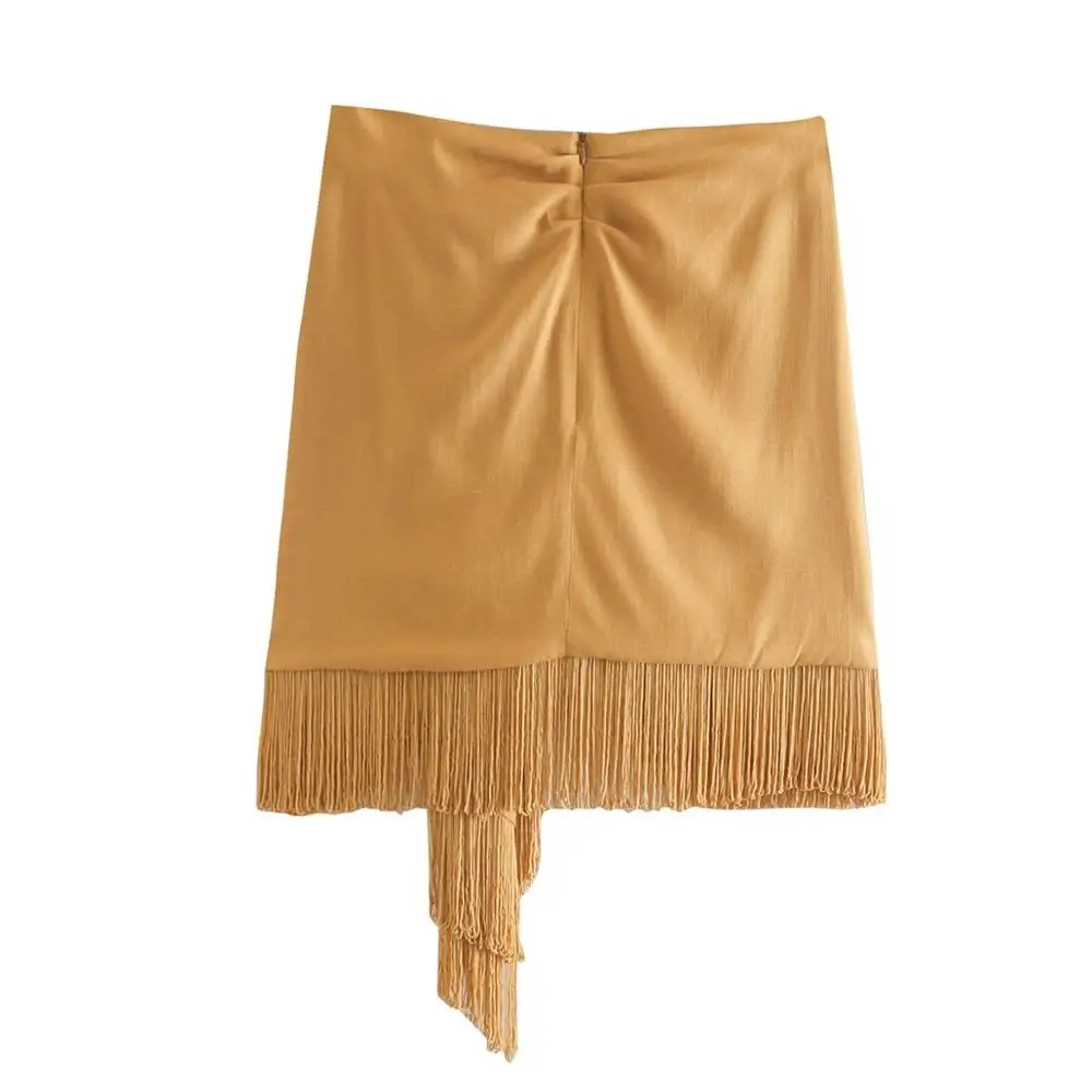 

2021 New Women Skirt Fringed High-waisted Mini Skirt Gathered Detail Tassel Hem Back Zip Closure Casual Chic Female Skirts