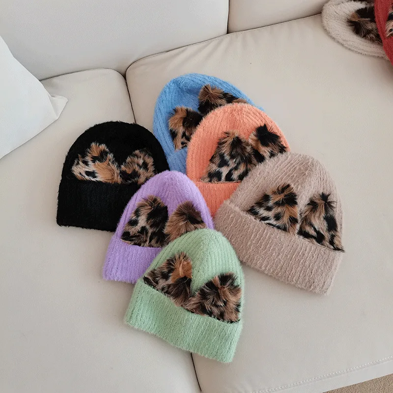 

New Woolen Hat Korean Version Leopard Print Cat Ear Hat Female Stretch Knitted Cold Hat Warm Ski Hat