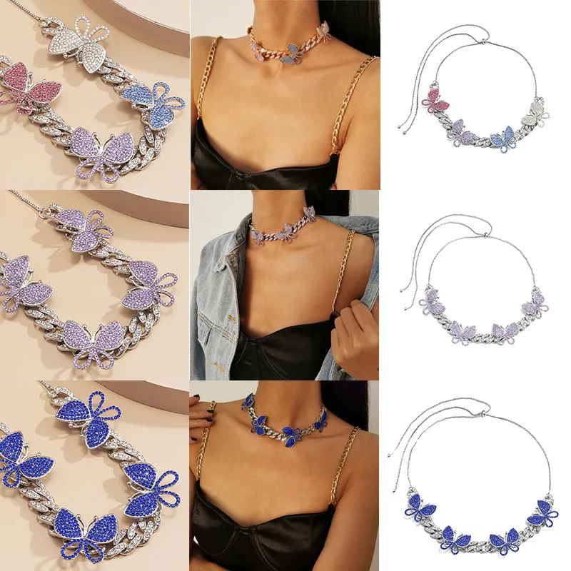 

Y2K Exaggerated Cuban Butterfly Necklace Hip-hop Punk Personality French Style Adjustable Diamond-studded Women Necklace Jewelry