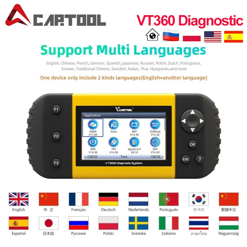 OBDII Vdiagtool VT360 obd2 ABS подушка безопасности SAS BRT EPB DPF TPA TPMS Immo инжектор сброса масла OBD2