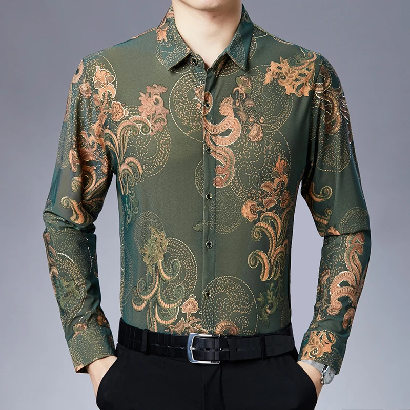 Мужские рубашки с цветочным принтом бирюзовые в стиле барокко длинным рукавом