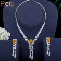 pera irregular cz champagne square long tassel dangling drop necklace and earring wedding engagement jewelry set for brides j298