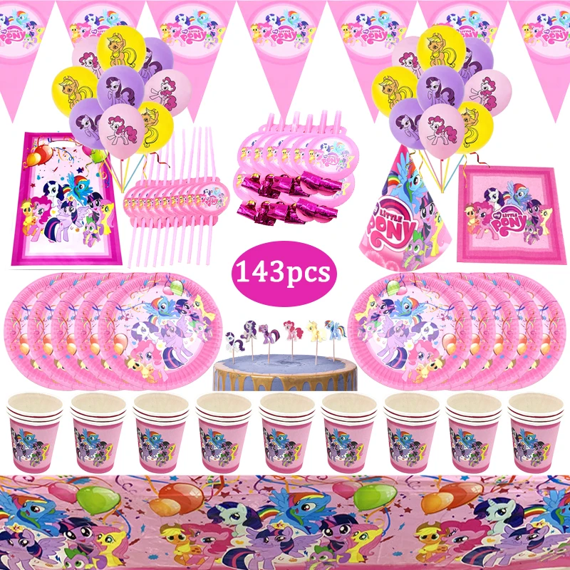 

143Pcs Little Pony Girls Birthday Party Disposable Tableware Decorations Peper Cup Plate Baby Shower Wedding Party Supplies