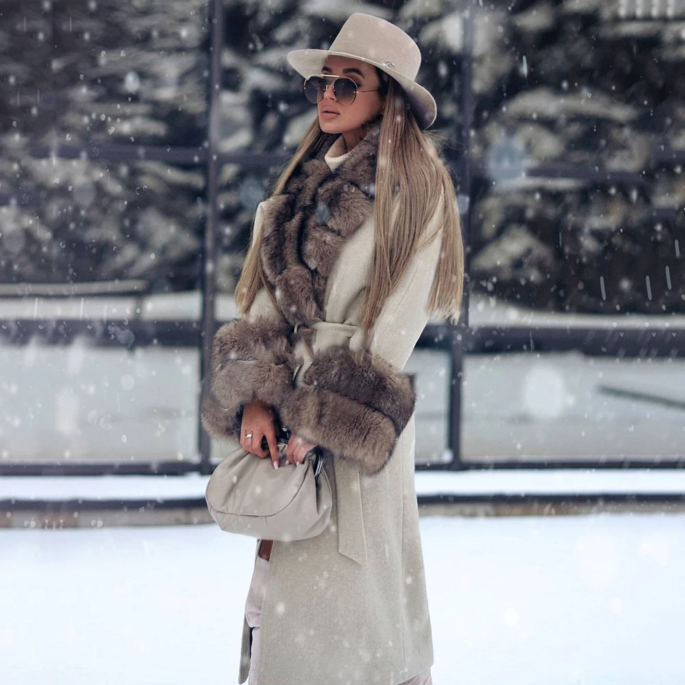 Natural Fox Fur Cashmere Coats 100cm Long Winter Fashion Wool Blends Coat With Fox Fur Collar And Cuff Luxury Fur Overcoat Woman