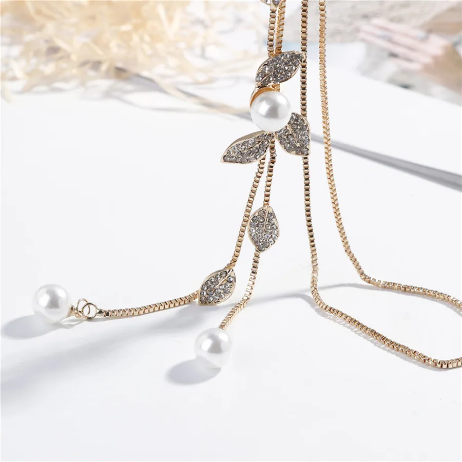 Многослойная подвеска с жемчужными кристаллами в виде листьев и цветов длинная