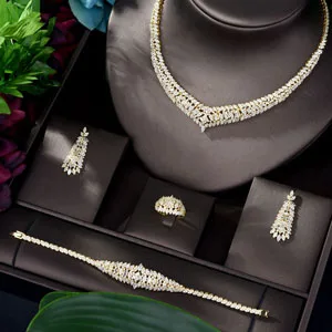 gold Hiневесты эксклюзивный Дубай белый ювелирный набор роскошный кубический цирконий ожерелье серьги браслет вечерние набор украшений для женщин N-1157 - Окраска металла: gold