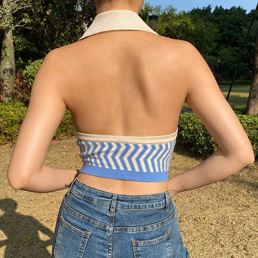 

Halter Sleeveless Knitted Crop Top Women Sexy Backless Y2K Tank Top Autumn Print V Neck Vest Ladies Button Knitwear
