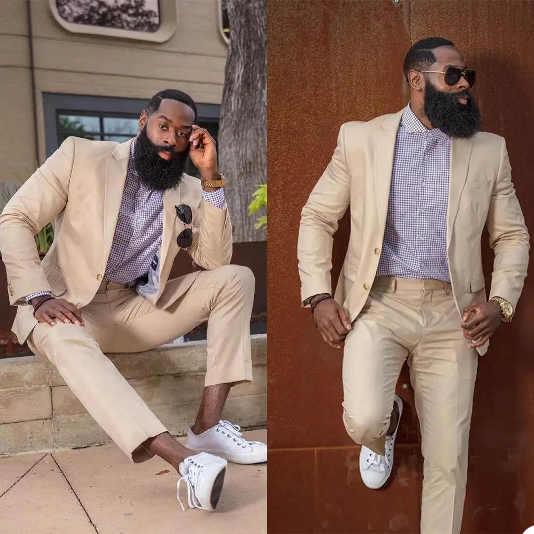 

Beige Men's Business Suit Tuxedos Double Breasted Groom Wedding Suits Formal Prom Party Outfit Two Pieces (Jacket+Trousers)