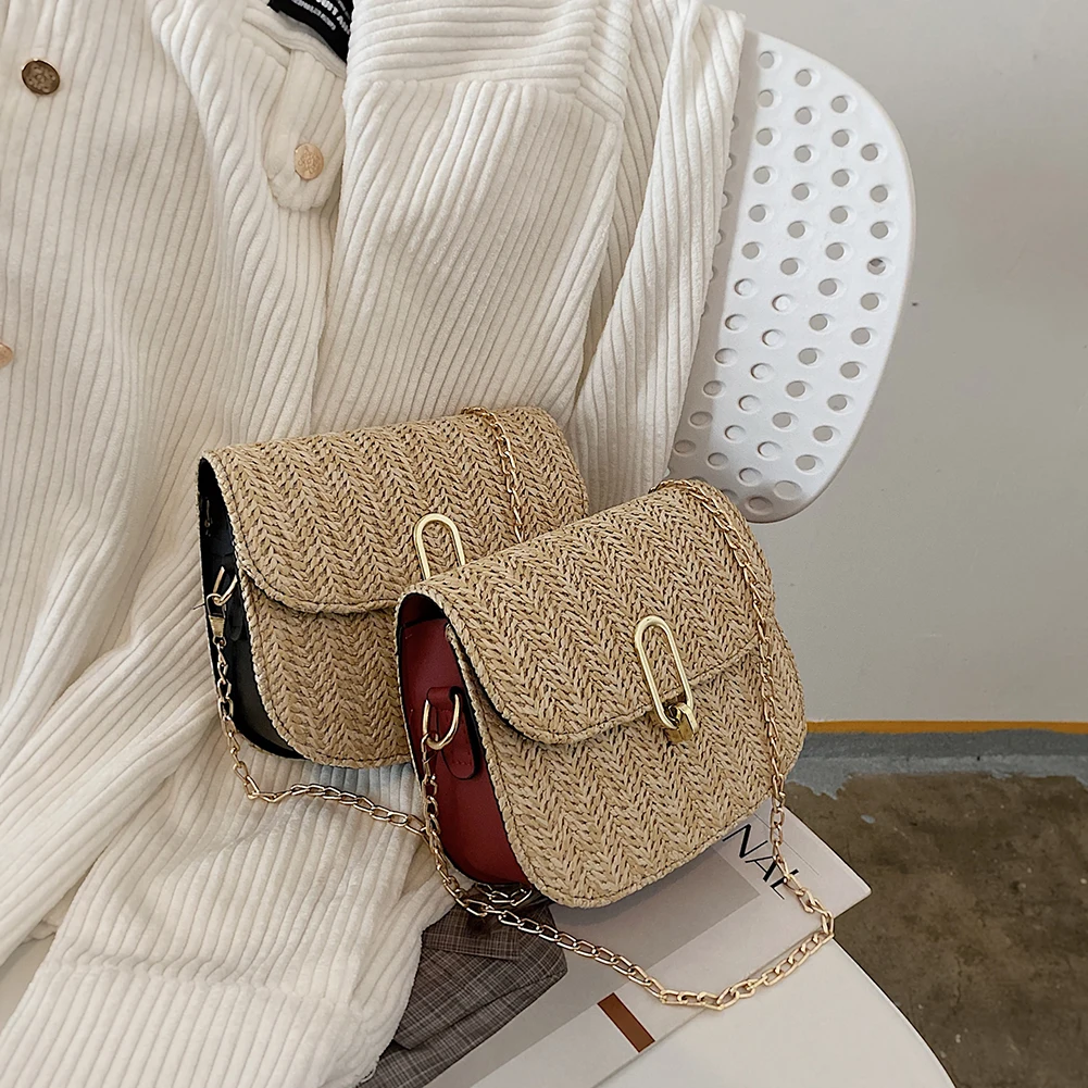 

Fashion Women PU Leather Straw Woven Patchwork Pure Color Chain Shoulder Crossbody Messenger Bag Casual Ladies Saddle Handbag
