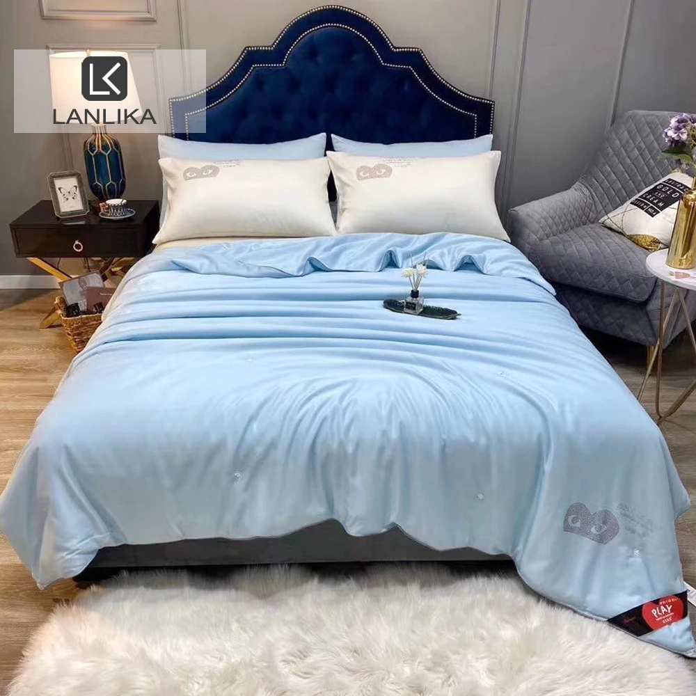

Lanlika High Grade 100% Mulberry Silk Blue Quilt Duvet Filling Silk Comforters Pure Color 4 Season Queen King For Beauty Sleep