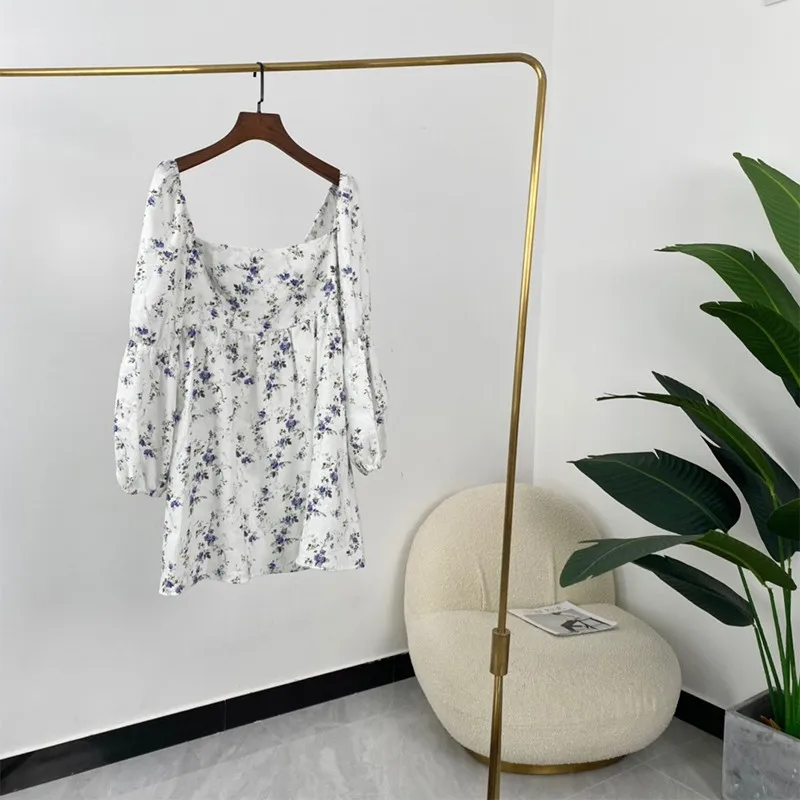 

2021 New Summer Fashion Women Squre Collar White Long Sleeve Wild Floral Print Mini Dresses High Quality 100% Linen