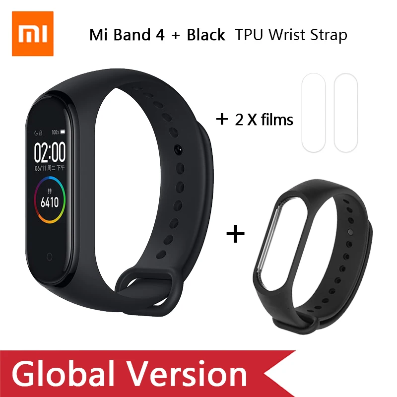 Ad Black strap Глобальная версия, Xiaomi mi-браслет 4 mi Band 4, музыкальный цветной экран, фитнес-частота сердечных сокращений, Bluetooth 5,0, умные часы, Russina - Цвет: Ad Black strap