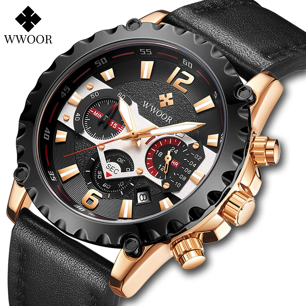 WWOOR Man Watches Fashion Casual Quartz Sport Wristwatches 2021 New Rose Black Clock Male Chronograph Leather Watch Reloj hombre