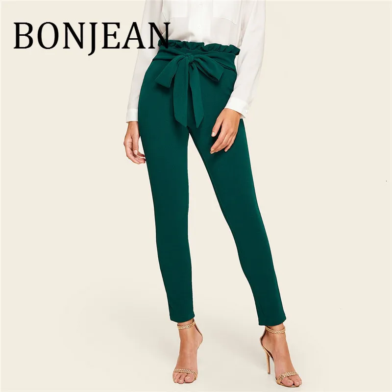 

Bonjean/2019 осенние женские брюки с эластичной резинкой на талии, брюки-карандаш длиной до щиколотки, повседневные зеленые брюки, BJ1763