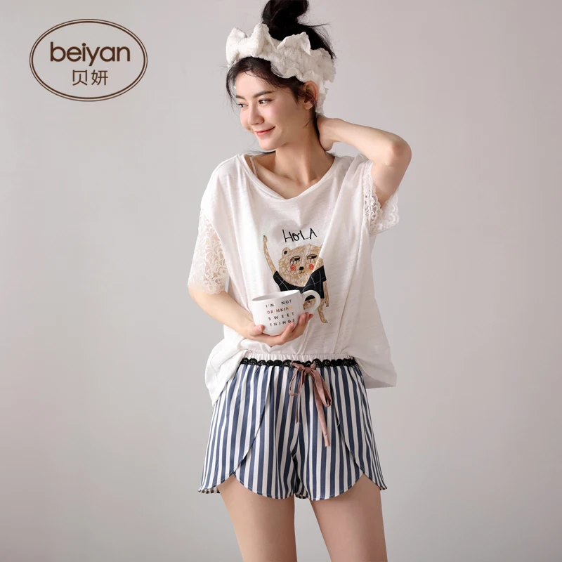 Летняя женская пижама с коротким рукавом милая мультяшная Женская удобная ткань