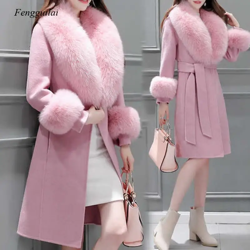 

2021 Winter Women's Warm Fashion Long Jacket Big Fur Collar Coat Wool Coat Faux Fur Slim Belt Version