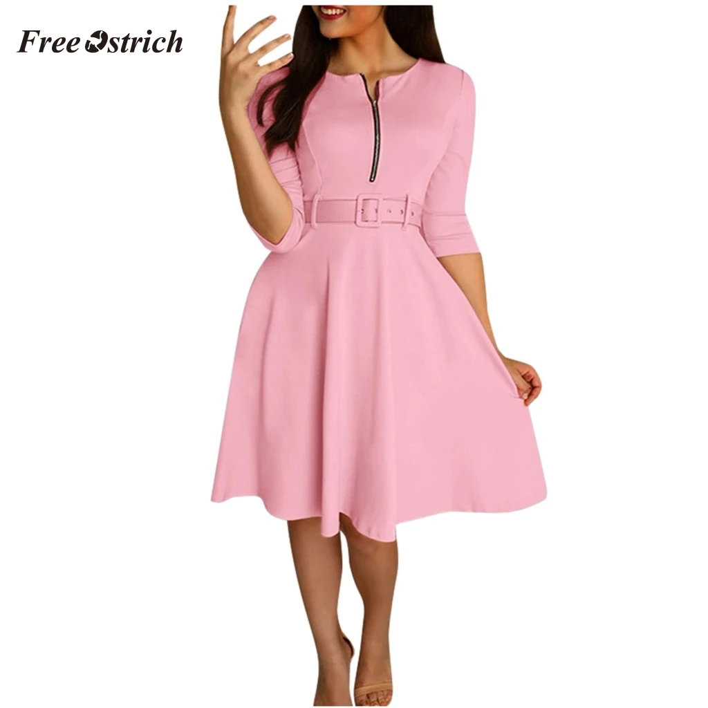 Женское платье с поясом на молнии Free Ostrich элегантное однотонное рукавом три