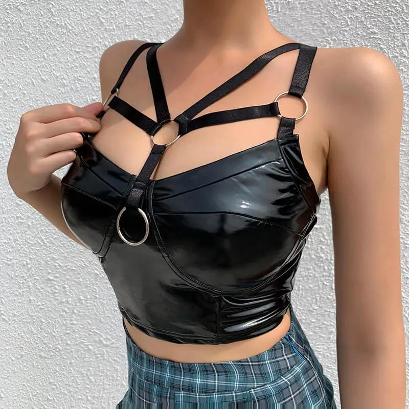 

Sexy Punk Leather Tank Tops Female Metal Ring Criss Cross Zipper Camisoles Sleeveless Backless Street Vest Low Cut Crop Top Club