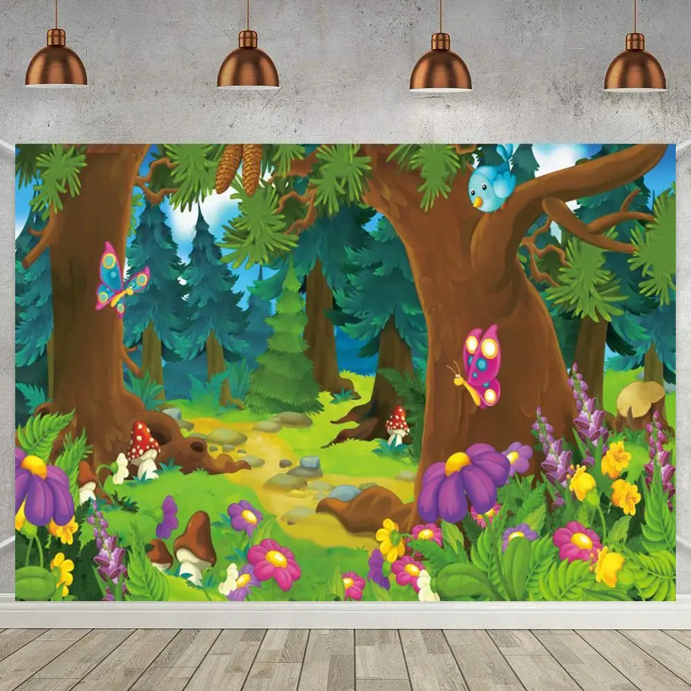 

Cartoon Forest Newborn Baby Shower Jungle Party Backdrop Mushroom Flowers Kis Birthday Background Photography For Table Decor