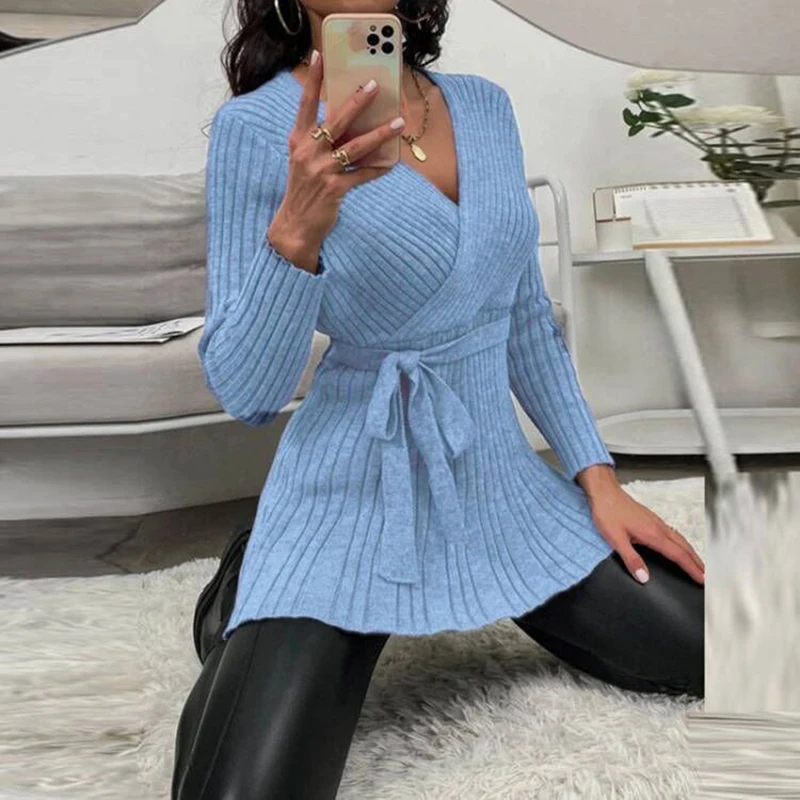 

Women Sweater Deep V-Neck Long Sleeve Solid Knitted Top Casual Cross Knitted Sweater 2022 Spring Elegant Lace Up Pullover Mujer