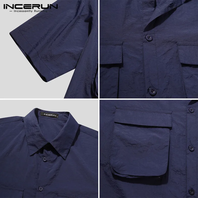 

INCERUN Men Solid Color Button Shirts Short Sleeve Turn Down Collar Blouse Korean Style Man Multi Pockets Chemise Masculina 5XL