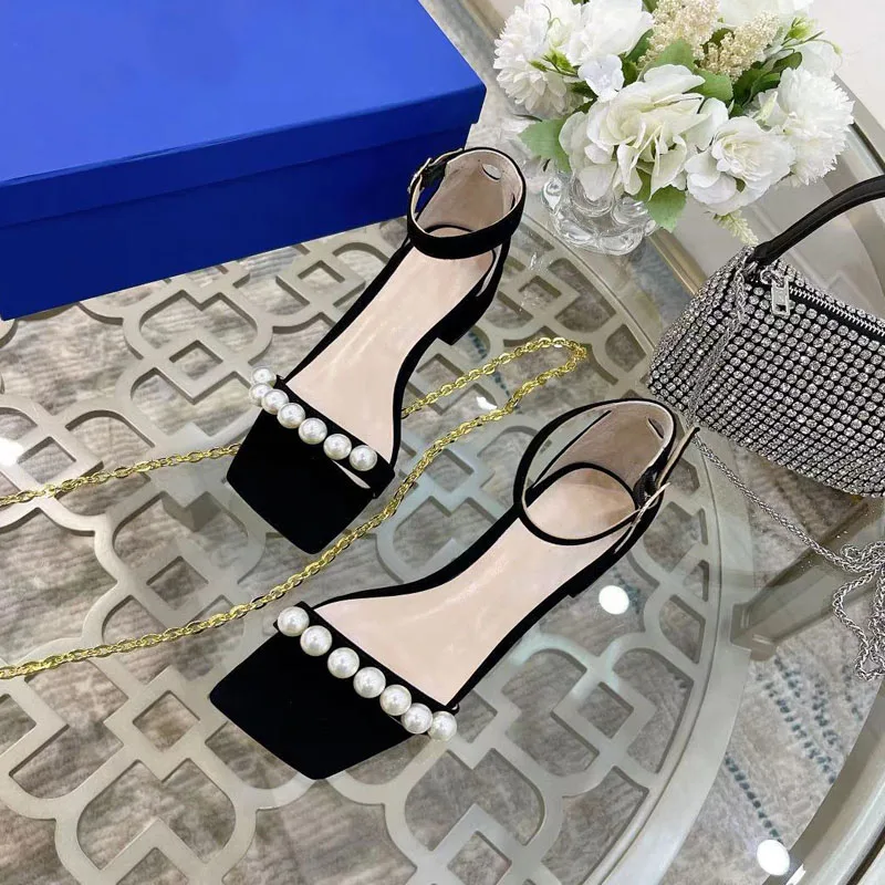 

2021 Summer Fashion Luxury New Brand Designer Pearl Sandals Heels Slides Woman Size 34-40 Logo Dust Bag with Box