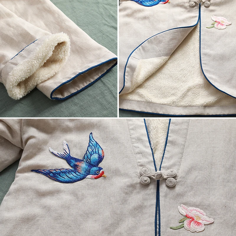 

LZJN Faux Fur Lined Autumn Winter Coat Women Warm Open Front Single Button Embroidery Fleece Coat Female Thick Outerwear Coat