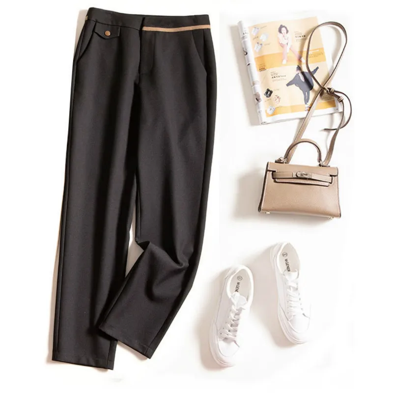 

2021 Spring Autumn New Plus Size S-3XL Straight Suit Pants Women Office Lady High Waist Slim Thin OL Nine Points Pants Y534