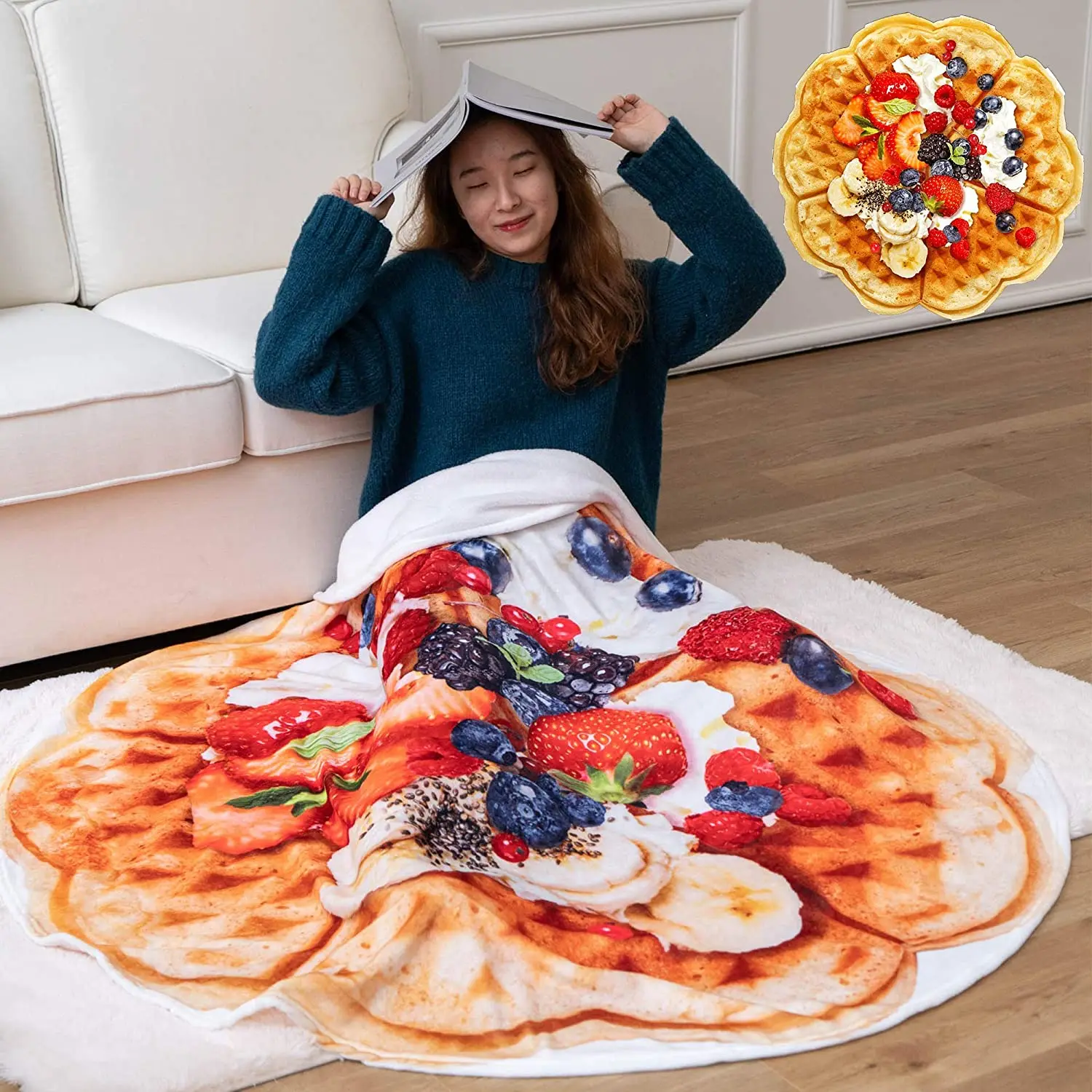 

Battilo Fruit Waffle Food Throw Blanket 3D Print Soft Flannel Winter Warm Round Blankets Decorative Blankets For Bed Sofa