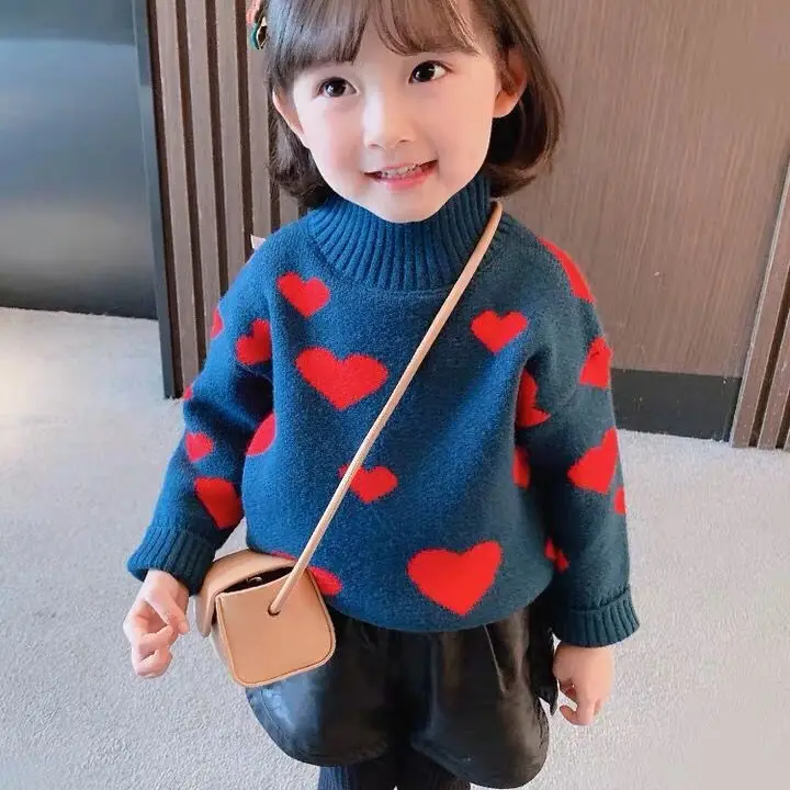

2021 autumn children's wear girl's love knit Pullover long sleeve high collar top in autumn and winter dress baby P4475