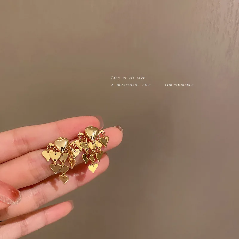 

Real Gold Plating 925 Silver Needle Korean Creative Design Fashion Personality Two Love Tassel Earrings