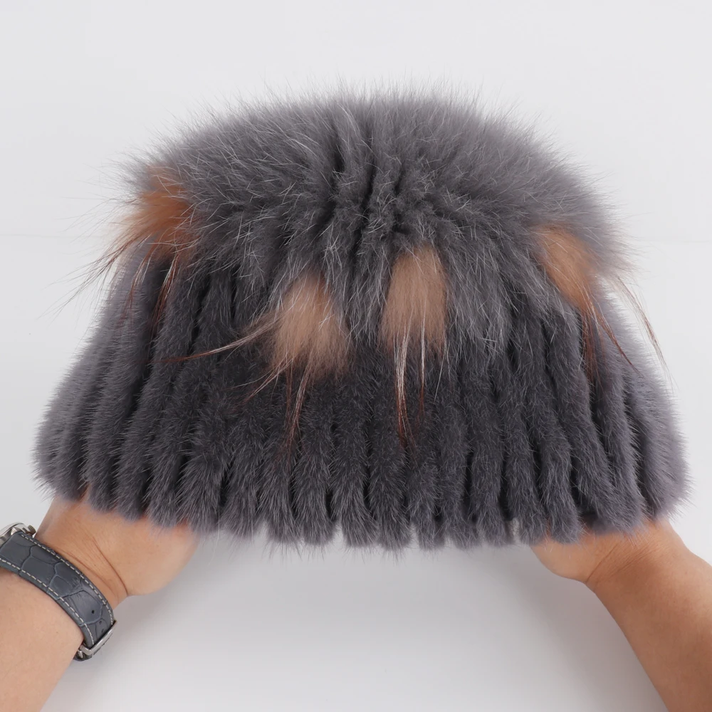 Женская шапка бомбер ручной вязки из натурального меха норки шапки лисьего