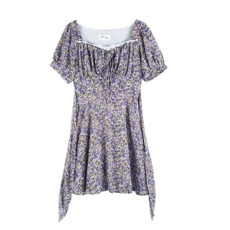 

Backstrom Women Summer Retro Square-Neck Floral Short Dresses Slimming Waist Elegant Temperament Mid-Length Skirt