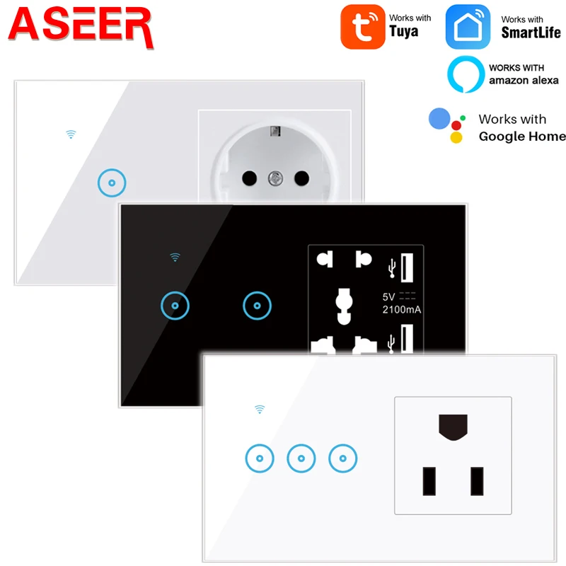 ASEER Tuya/Ewelink 1-2-3 банды WiFi смарт-переключатель с гнездом Хрустальная стеклянная