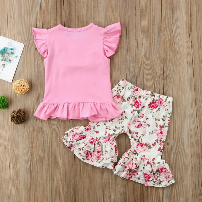 

2020 Brand New Floral Toddler Infant Kid Baby Girl Outfit Clothes T-shirt Sleeveless Top Ruffle Flare Pants Legging 2Pcs Set