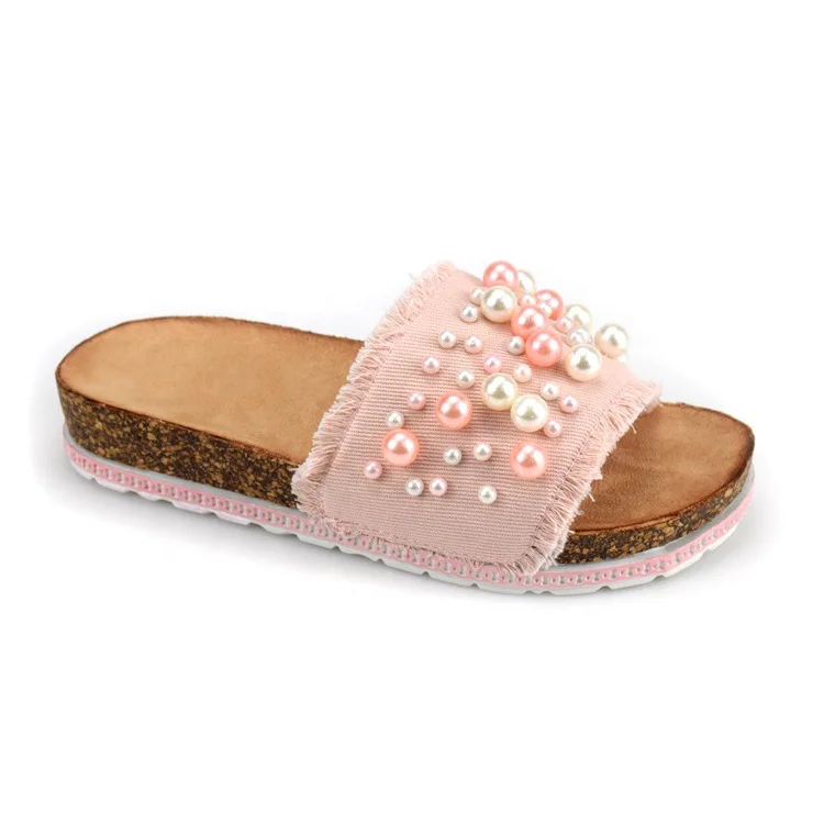 

Low Slippers Casual Flat Shoes Female Slipers Women Platform String Bead Slides Luxury Summer 2021 Denim Cotton Fabric Rubber Ba
