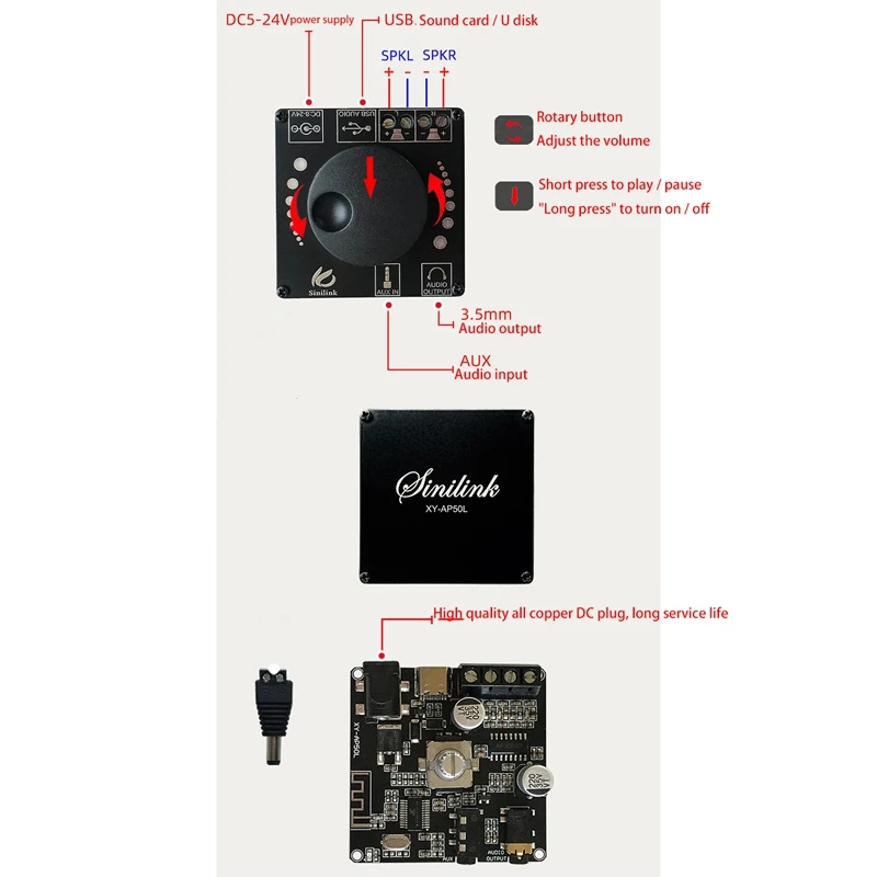 Цифровой усилитель мощности Bluetooth 5 0 50WX 2 стереоплата домашний кинотеатр 12 В 24 3 мм