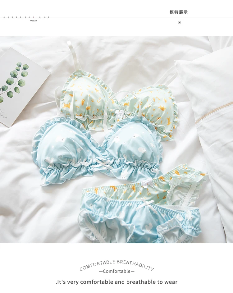 

New New Japanese Sweet Soft Girl Thin Underwear Loli Cute Milk Silk No Steel Ring Triangle Cup Comfortable And Seamless Bra Set