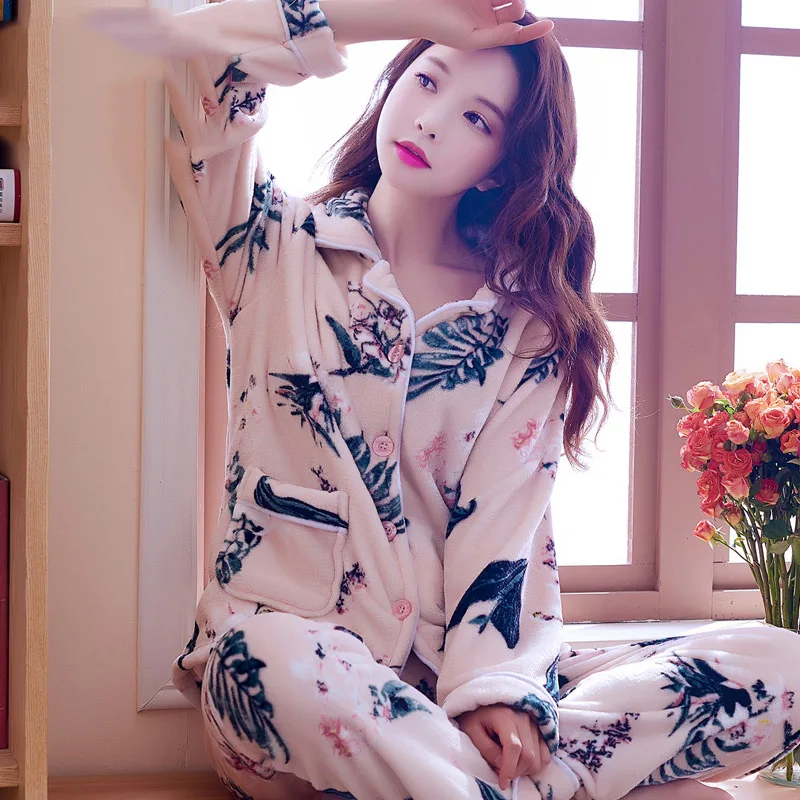 Пижама женская зимняя теплая одежда большого размера коралловый бархат с