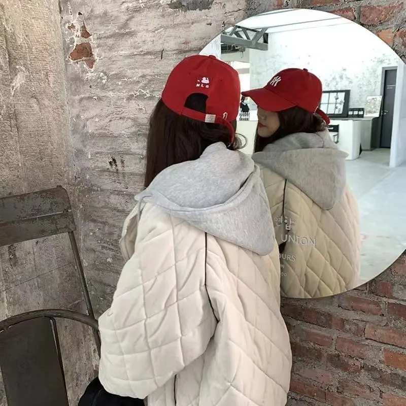 Hong Kong Style Retro Plus Velvet Thick Warm Jacket Loose and Simple Fake Two-piece Student Wild Korean Cotton-padded Jacket
