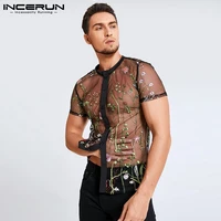 leisure embroidered button camisa incerun 2022 fashion printed shirts men short sleeve v neck blouse man see through chemise 5xl