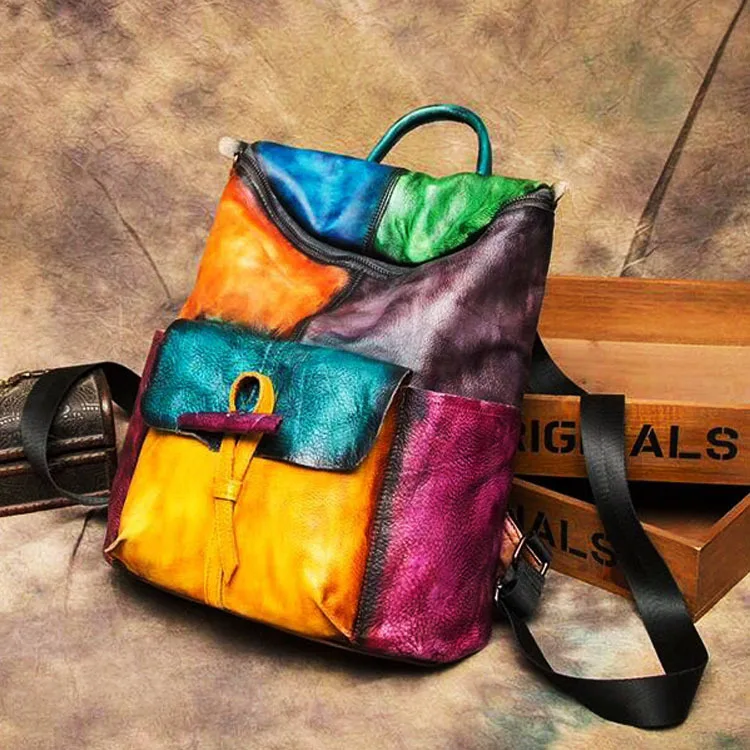 

2020 New Hand-Painted Women's Leather Backpack Retro Zhen Pi Bao
